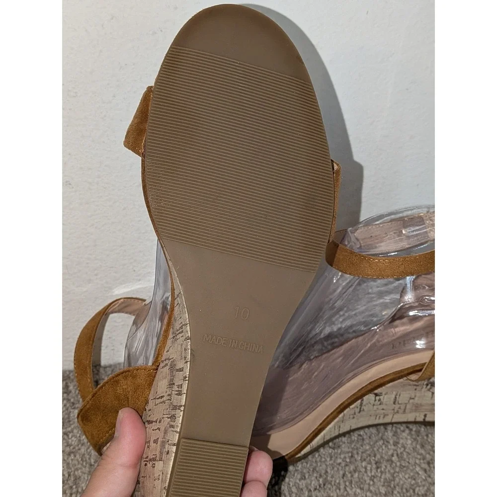 Monrovia Womens Tan Faux Suede Cork Wedge Ankle Strap Sandals Size 10‎ NEW